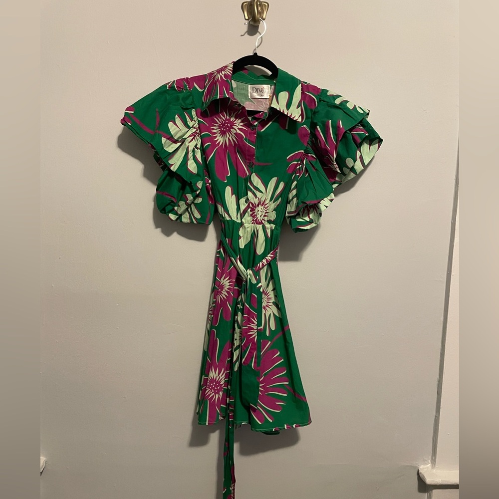 Divet Milano Green Floral Dress with Big Ruffle Sleeves | Never worn